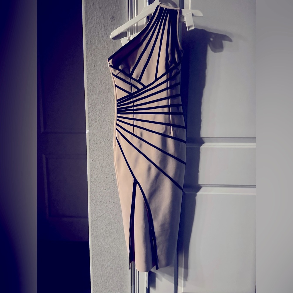 Size small bodycon dress, tan with black piping. New. Never worn.